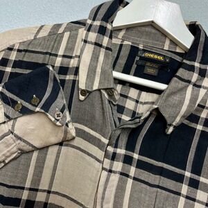 Diesel Black Gold Mens Grey Black Plaid Button Down Shirt Split Hem Size M